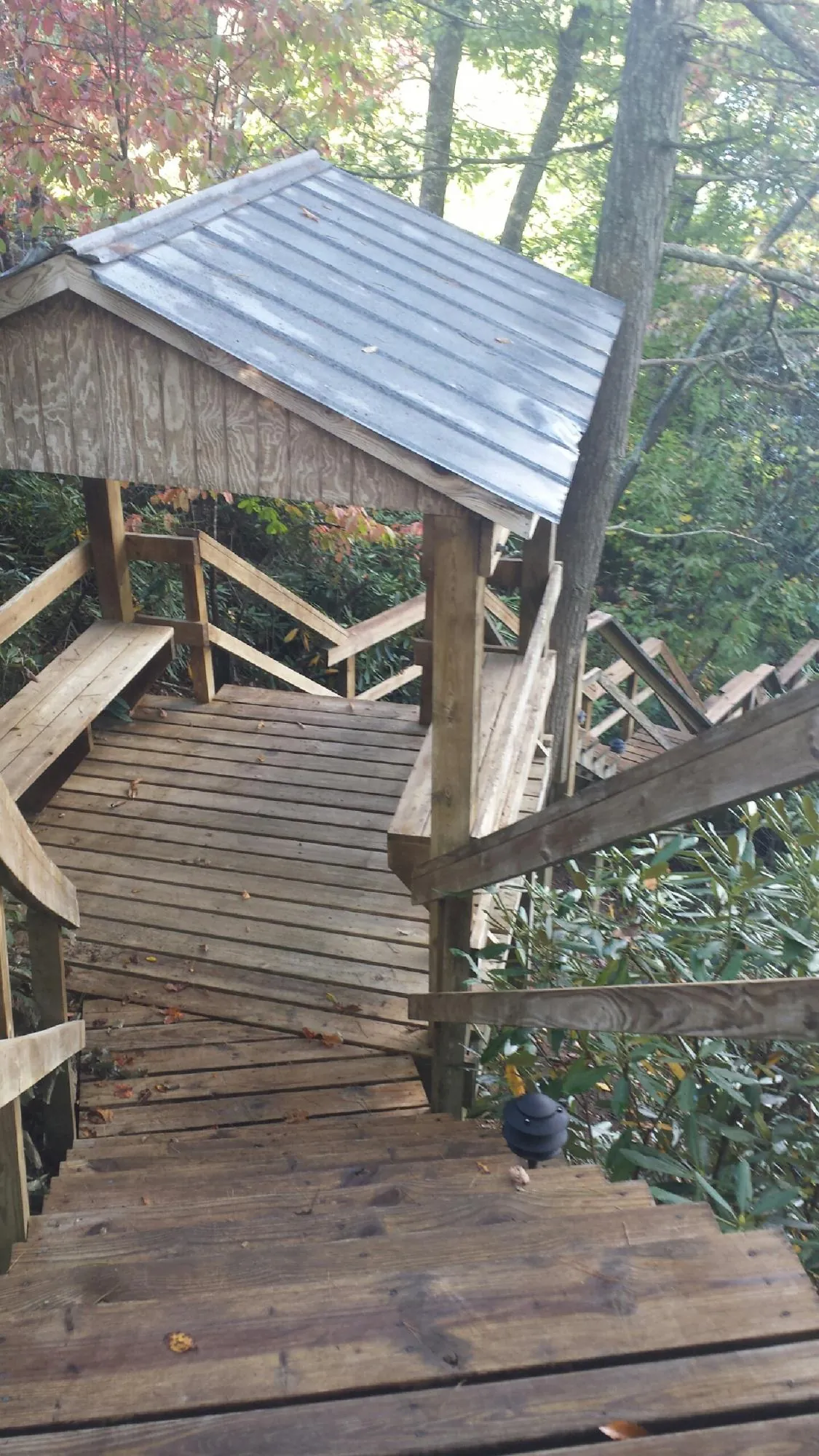 Metal roofed shelter over wooden steps on a wooded walkway — Skylight Repair & Installation work by our crew in Newnan